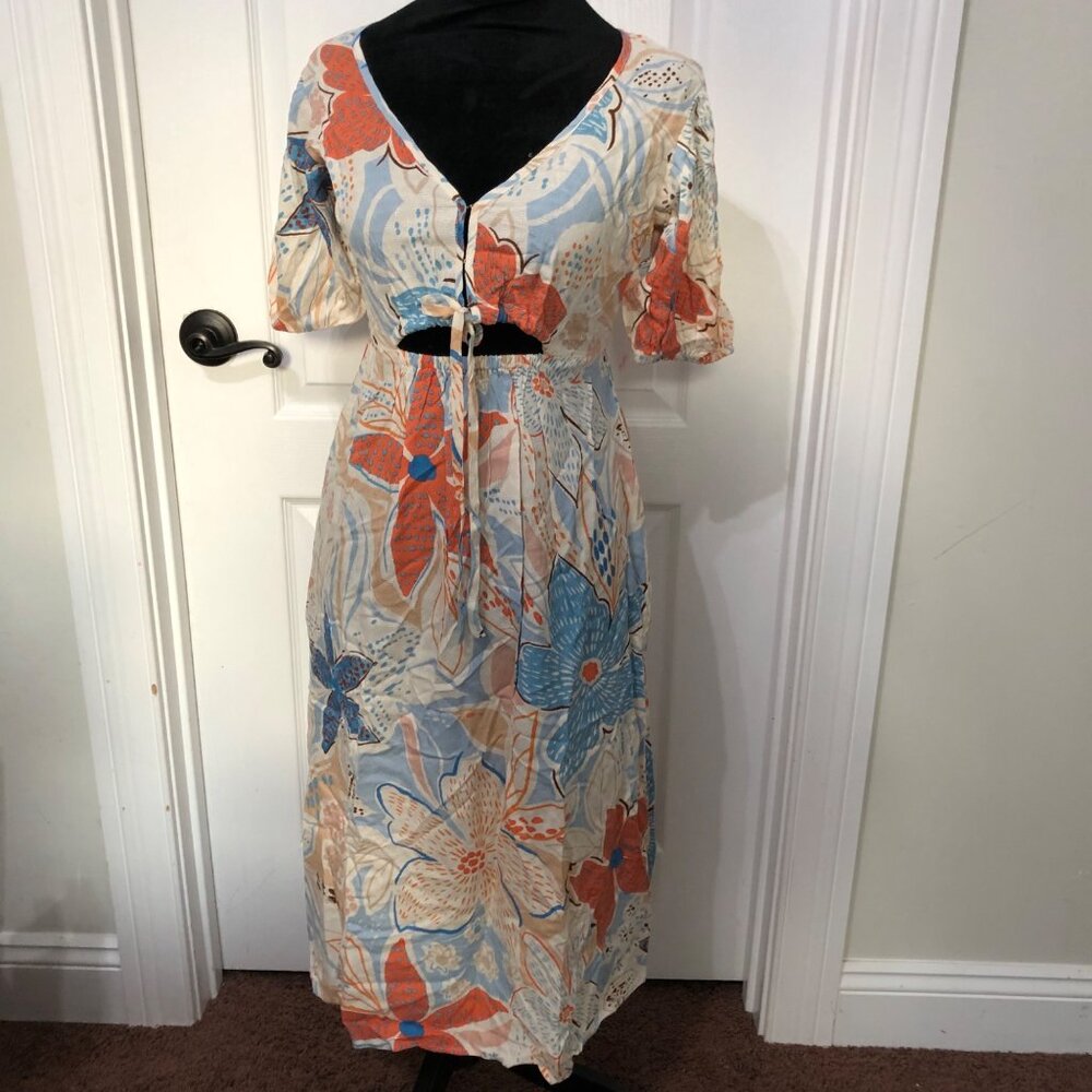 Boho Women's Floral Maxi Dress By Band‎ Of The Free XS V-Neck & Puff Sleeve NWT
